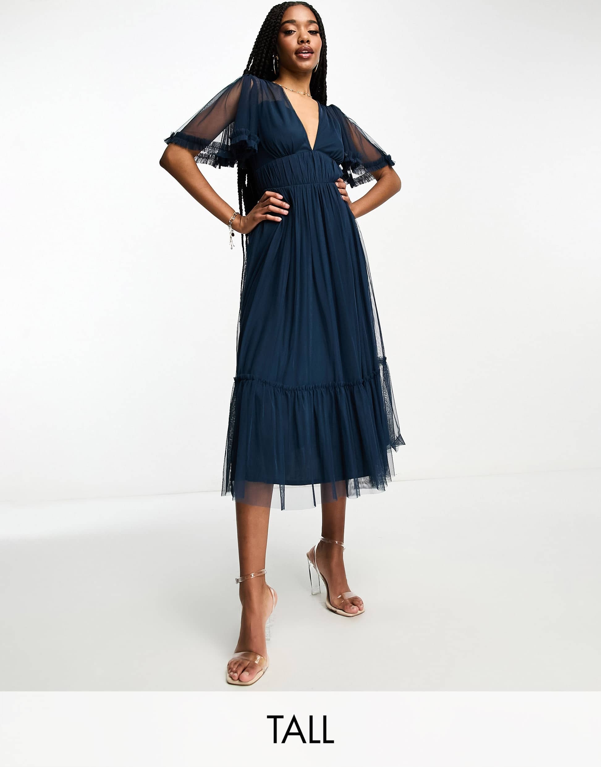 Beauut Tall Bridesmaid tulle midi dress  with flutter sleeve in navy