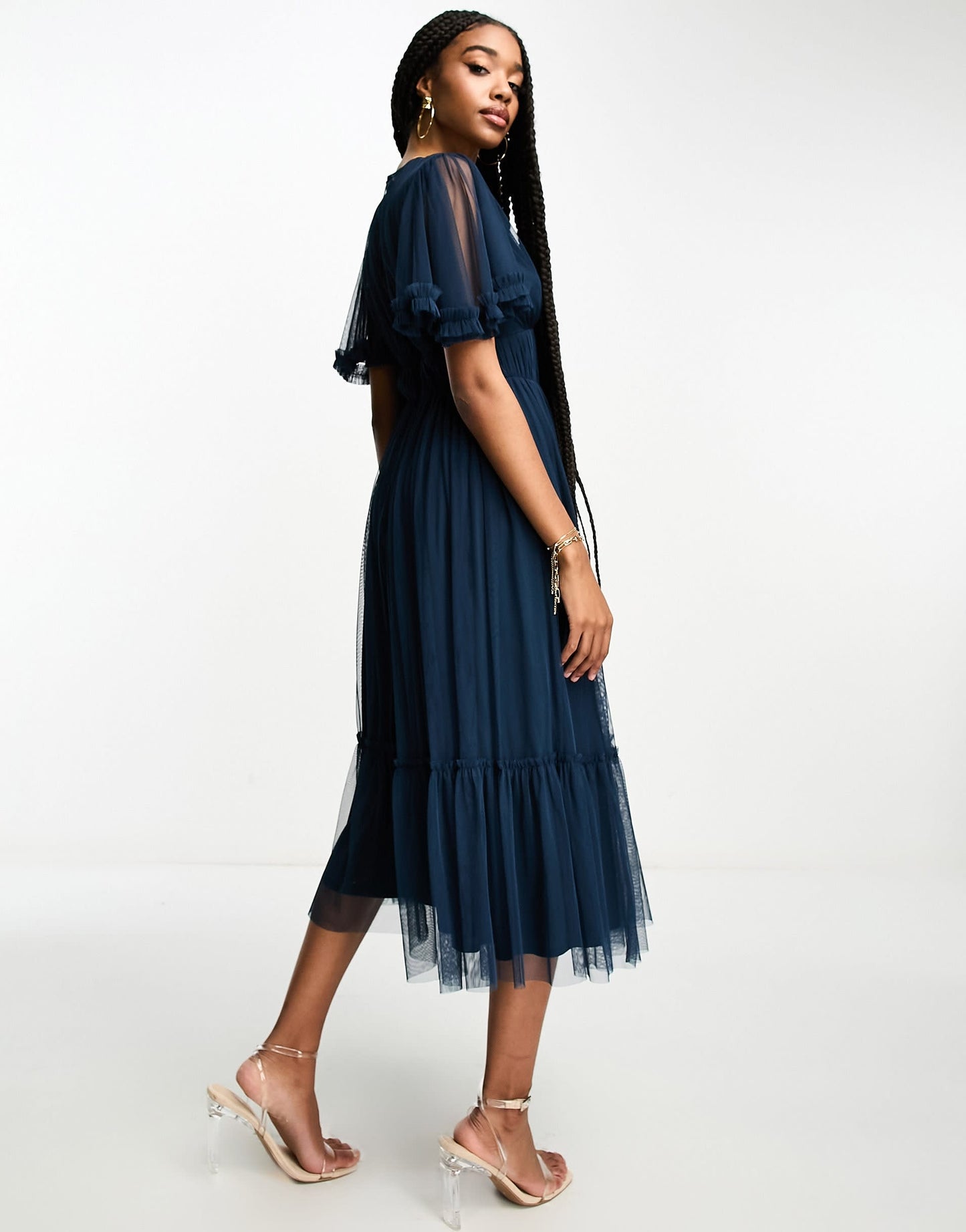 Beauut Tall Bridesmaid tulle midi dress  with flutter sleeve in navy