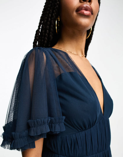 Beauut Tall Bridesmaid tulle midi dress  with flutter sleeve in navy