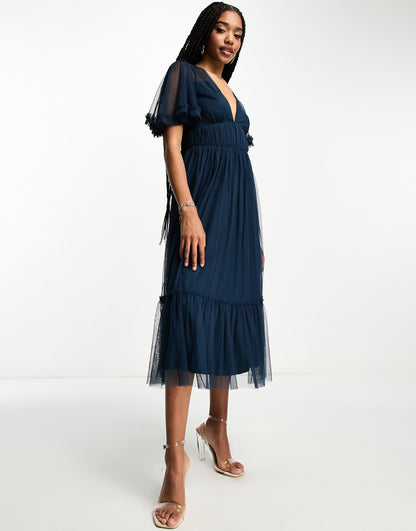 Beauut Tall Bridesmaid tulle midi dress  with flutter sleeve in navy