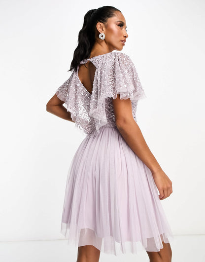 Beauut Petite Bridesmaid embellished mini dress with flutter detail in lilac