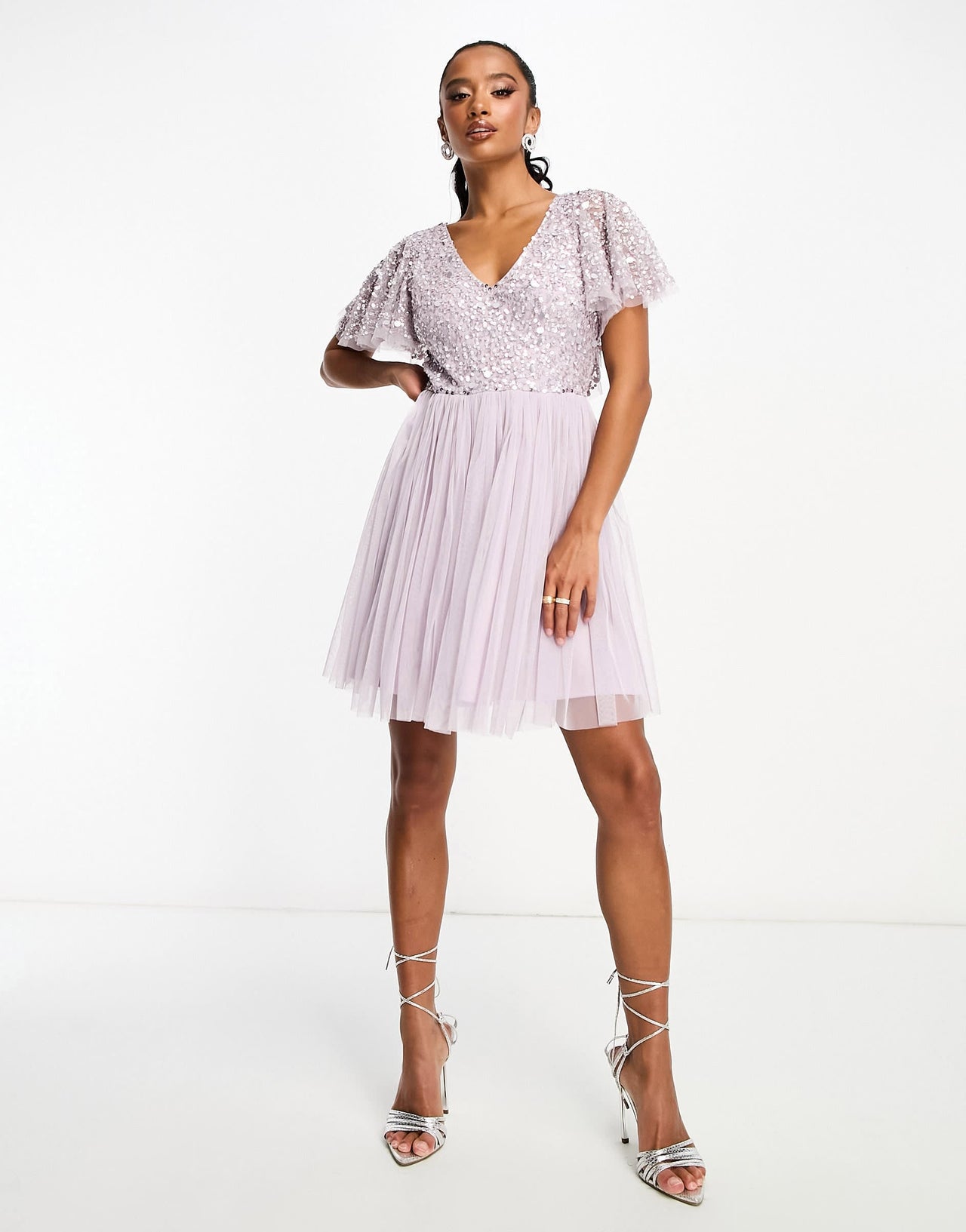 Beauut Petite Bridesmaid embellished mini dress with flutter detail in lilac