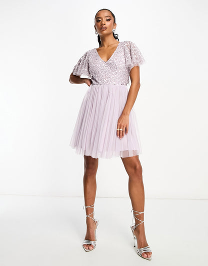 Beauut Petite Bridesmaid embellished mini dress with flutter detail in lilac