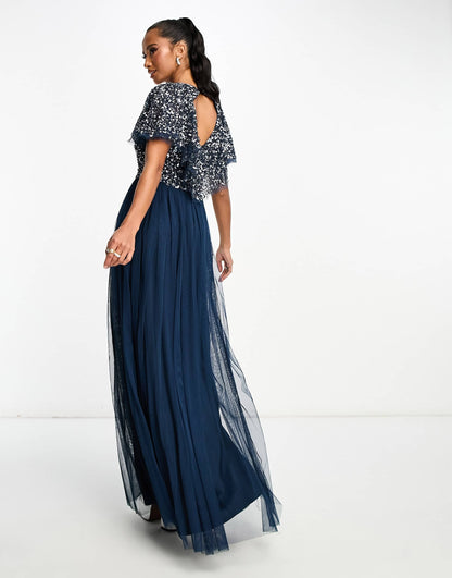 Beauut Petite Bridesmaid embellished maxi dress with flutter detail in navy