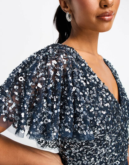 Beauut Petite Bridesmaid embellished maxi dress with flutter detail in navy