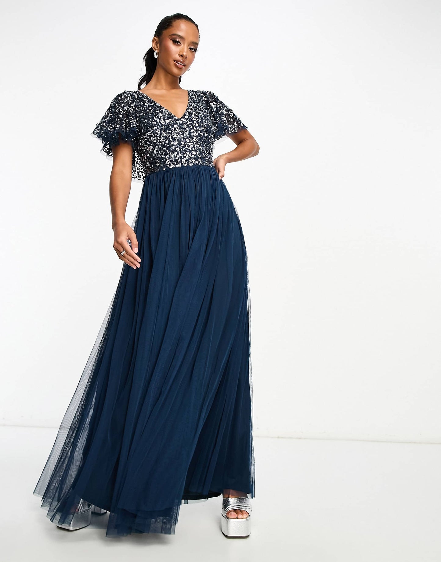 Beauut Petite Bridesmaid embellished maxi dress with flutter detail in navy