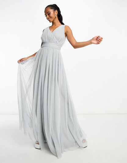 Beauut Petite Bridal maxi tulle with bow back in light grey