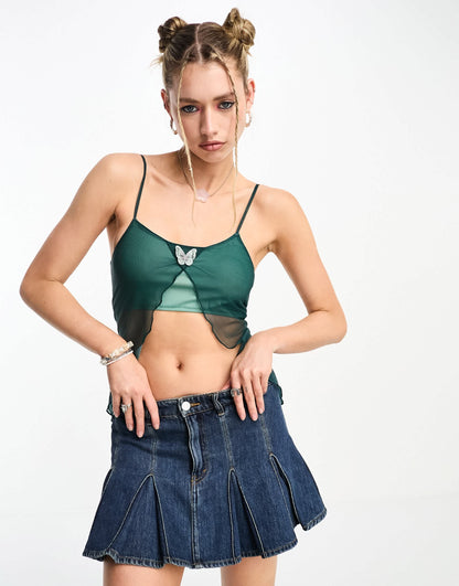 Tammy Girl open front mesh cami top with butterfly detail in teal