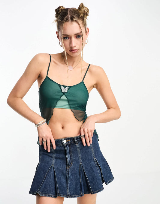 Tammy Girl open front mesh cami top with butterfly detail in teal