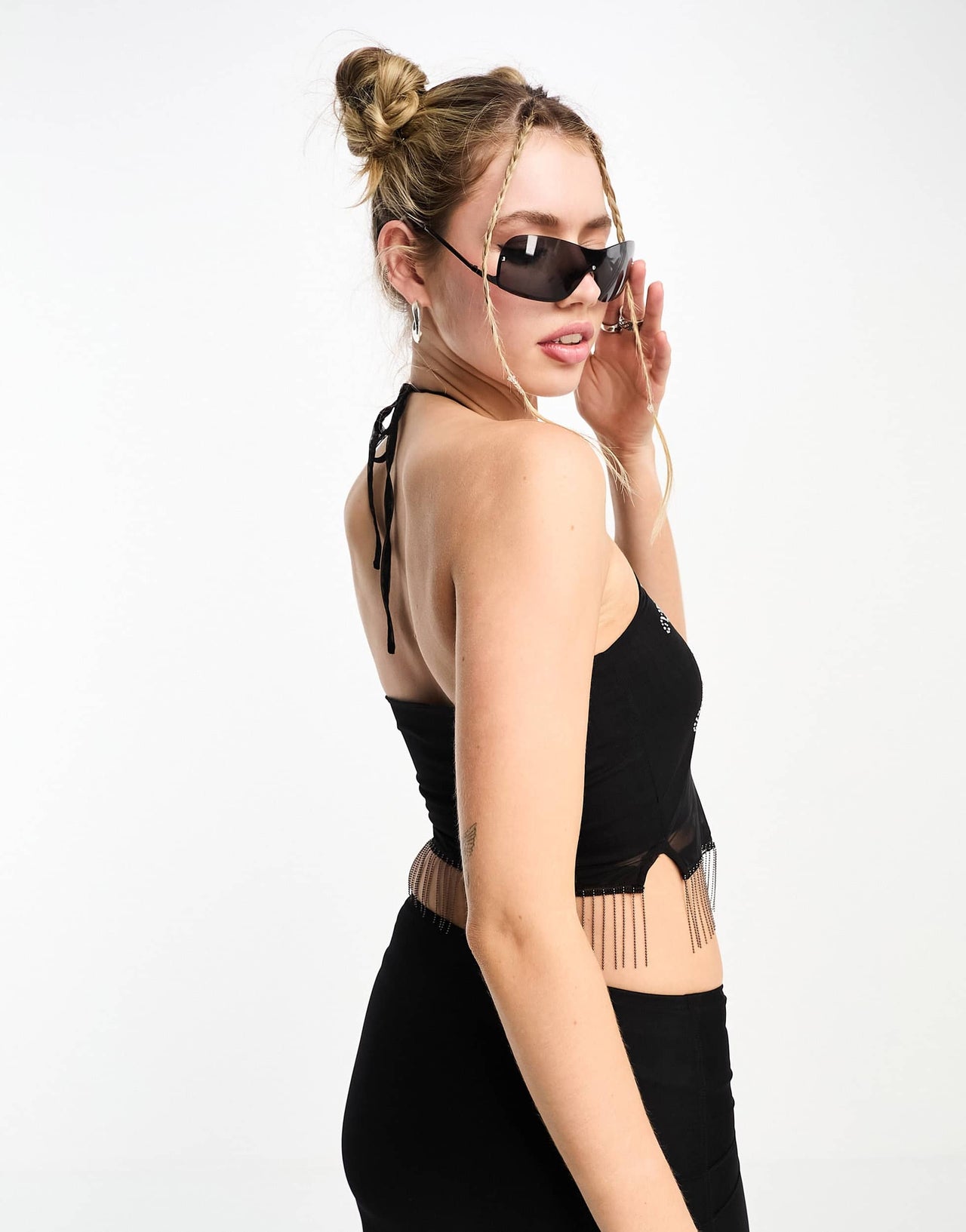 Tammy Girl halter neck tassle crop top with rhinestones co-ord in black