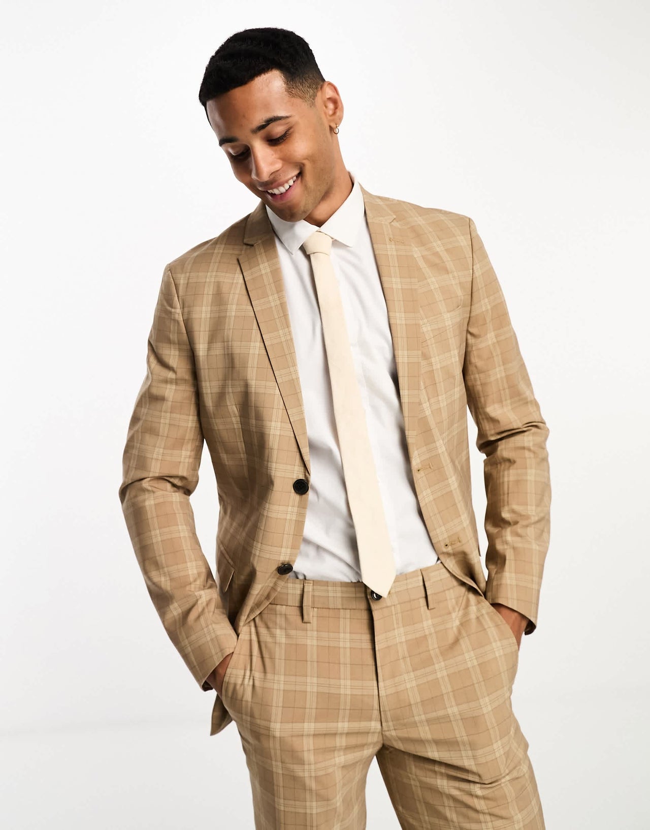 Jack & Jones Premium super slim fit suit jacket in beige check
