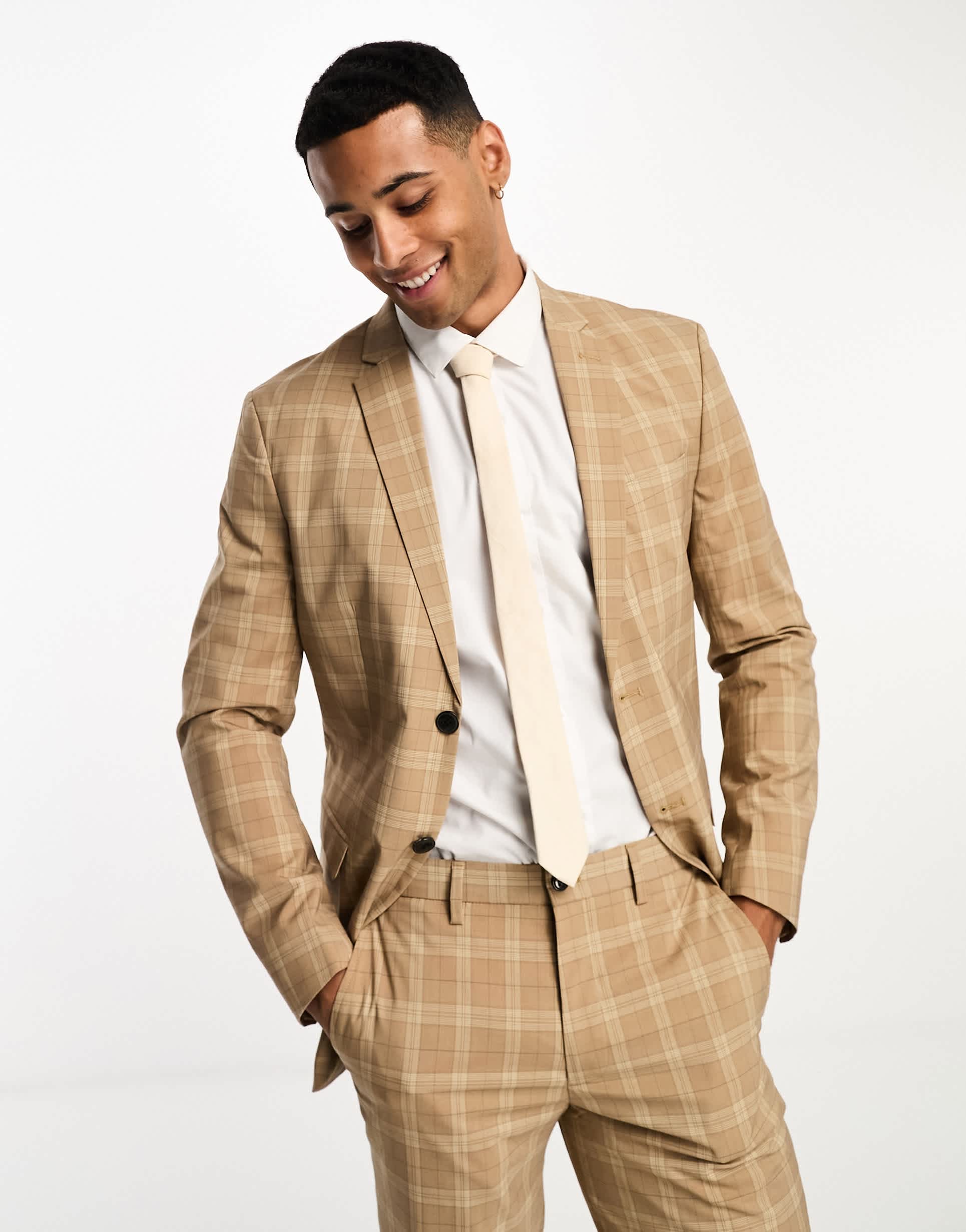 Jack & Jones Premium super slim fit suit jacket in beige check