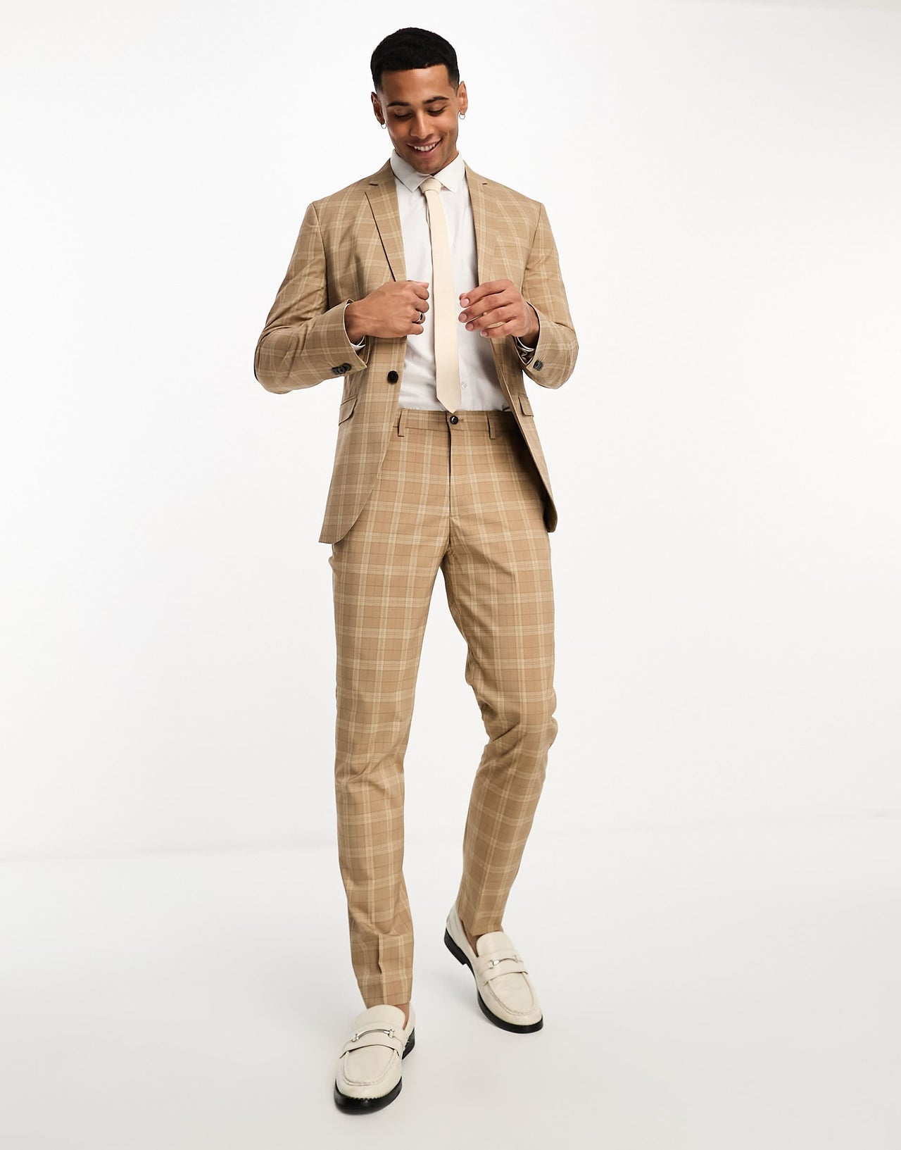 Jack & Jones Premium super slim fit suit jacket in beige check