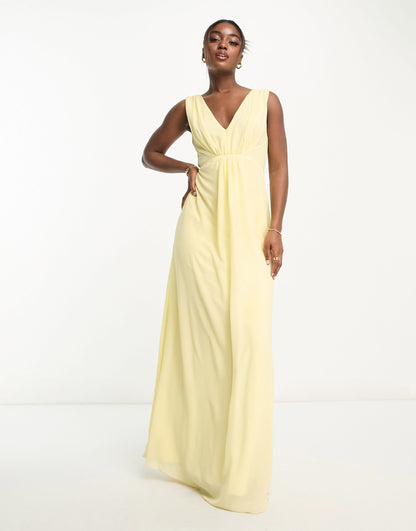 TFNC Bridesmaid v neck chiffon maxi dress in lemon