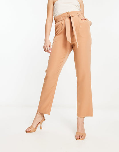 New Look paperbag tie waist straight leg trousers in camel