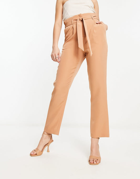 New Look paperbag tie waist straight leg trousers in camel
