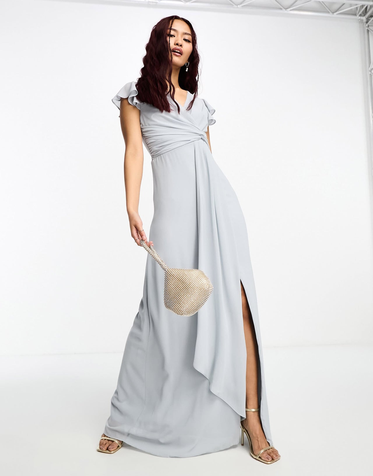 TFNC Petite Bridesmaid flutter sleeve maxi dress in grey