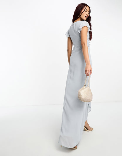 TFNC Petite Bridesmaid flutter sleeve maxi dress in grey