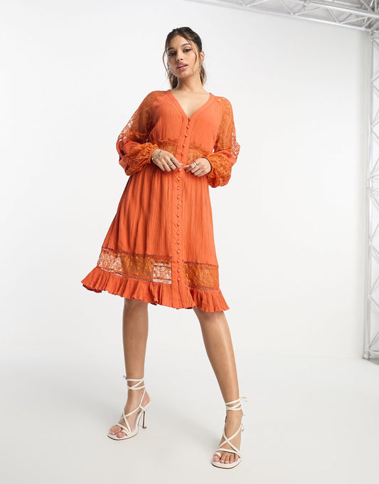 Y.A.S long sleeve mini dress with lace inserts in rust