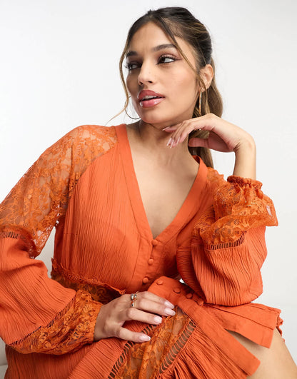 Y.A.S long sleeve mini dress with lace inserts in rust