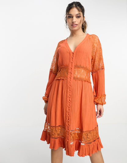 Y.A.S long sleeve mini dress with lace inserts in rust