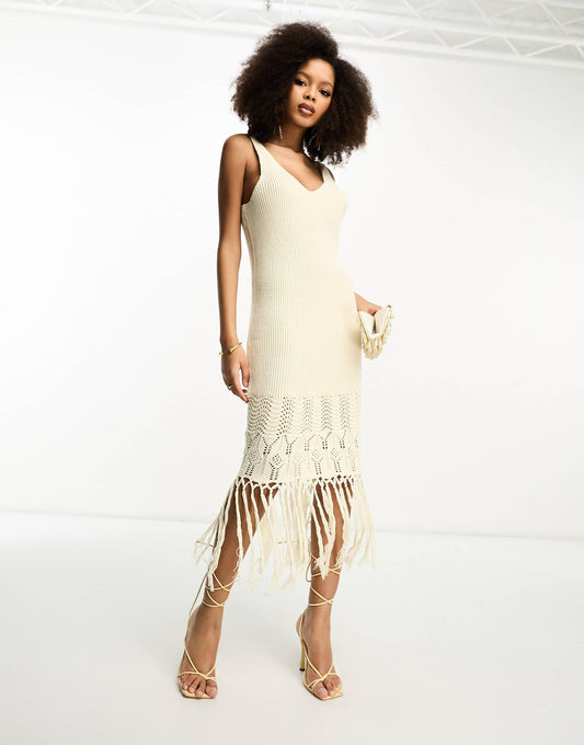 YAS crochet maxi dress with fringe hem detail in cream - CREAM