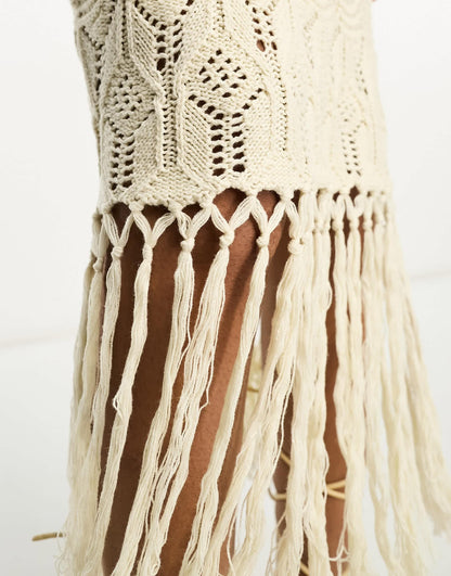 YAS crochet maxi dress with fringe hem detail in cream - CREAM