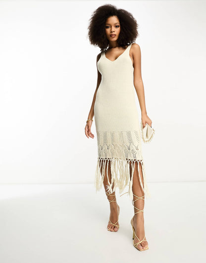 YAS crochet maxi dress with fringe hem detail in cream - CREAM