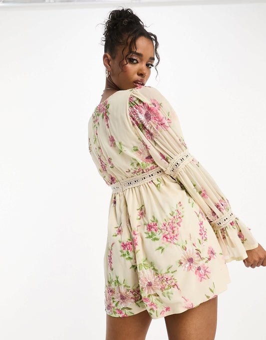 Miss Selfridge Premium embellished festival playsuit with lace insert in floral print
