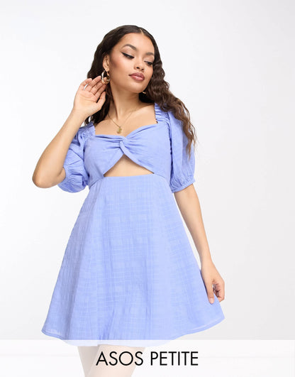 ASOS DESIGN Petite knot front mini dress in check dobby in blue