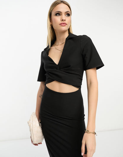 ASOS DESIGN Tall collar twist front midi dress with cut out in black