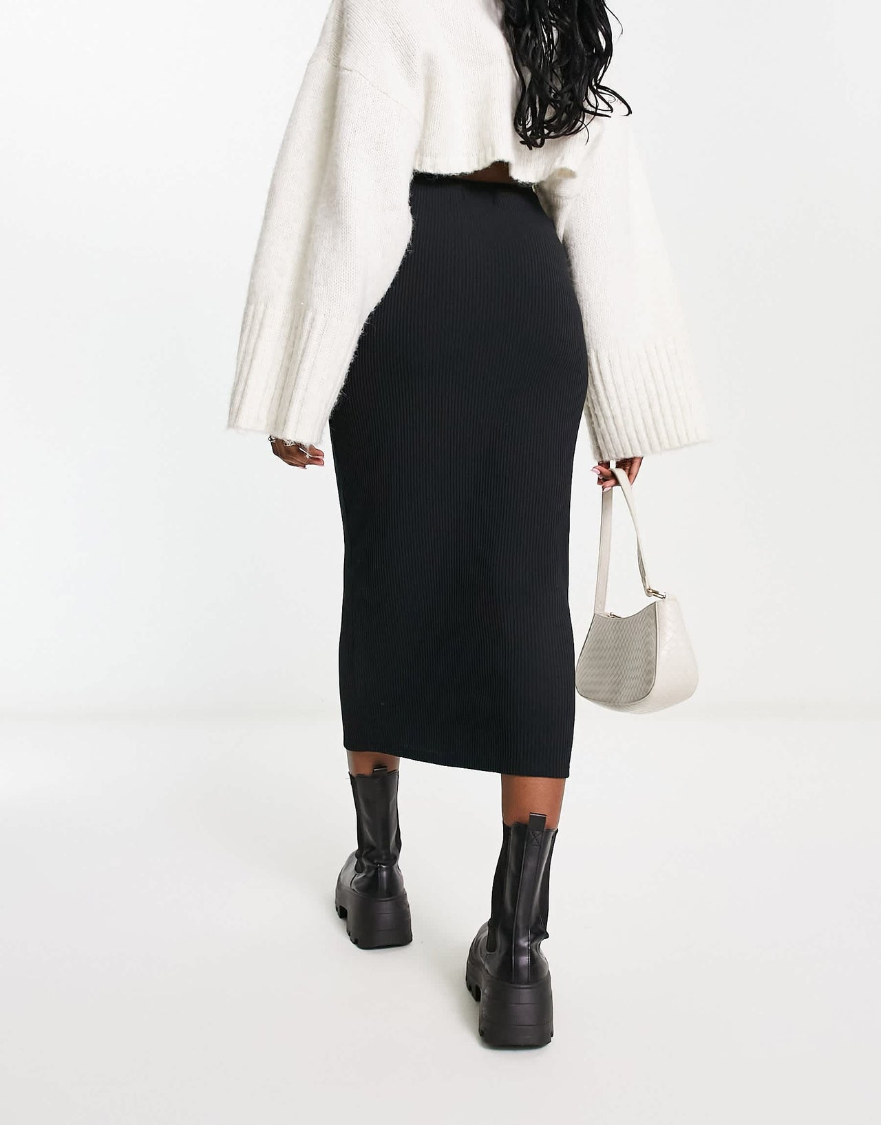 Pull&Bear ribbed midaxi skirt in black