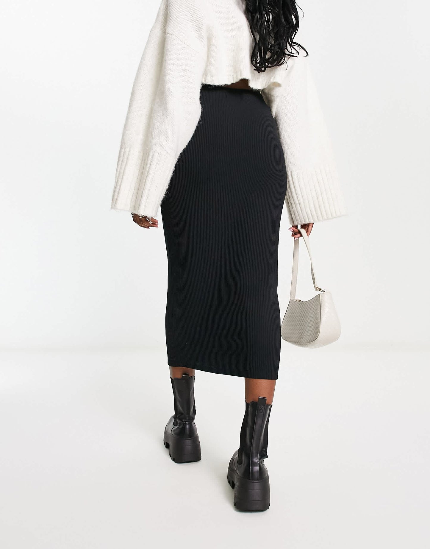 Pull&Bear ribbed midaxi skirt in black