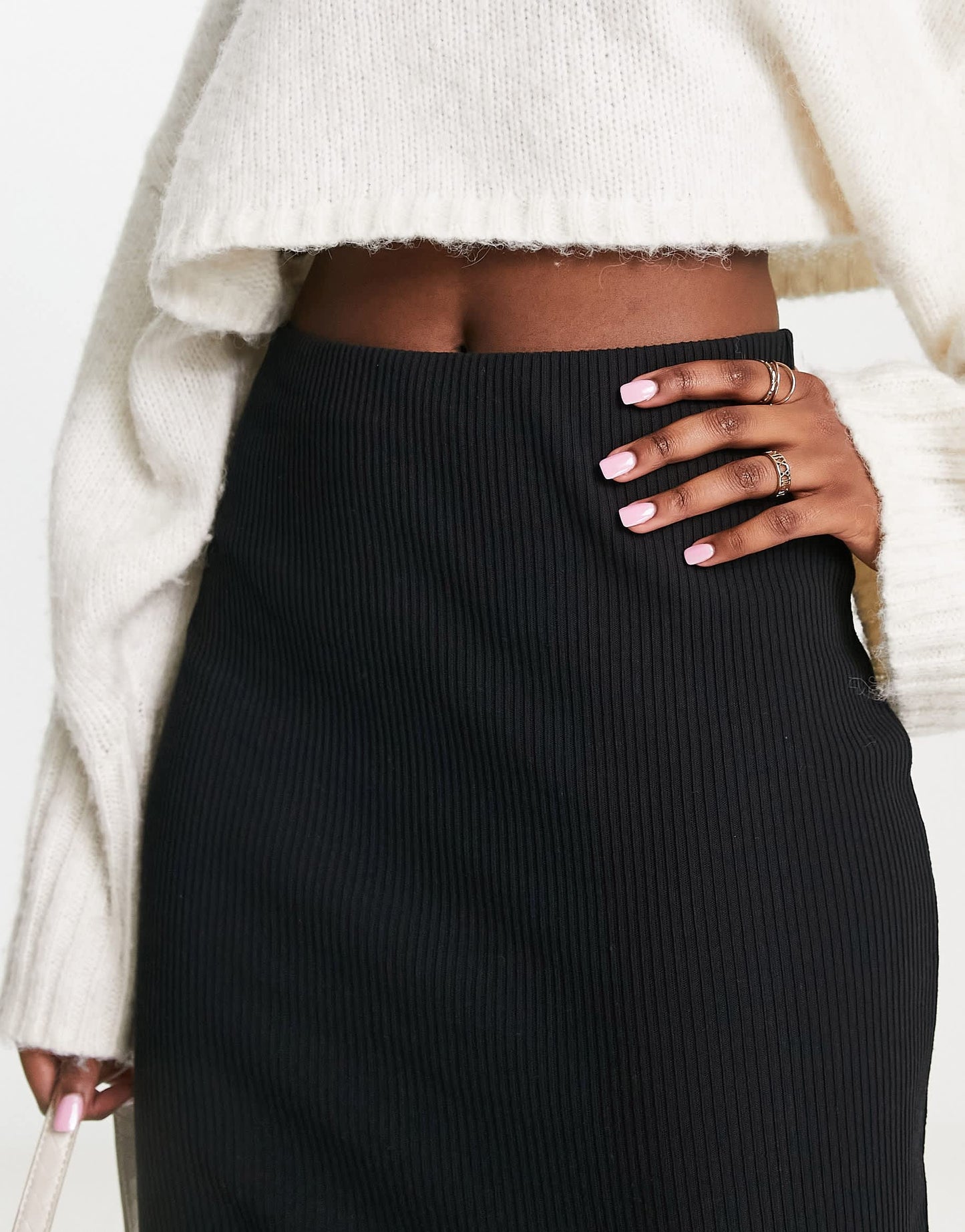 Pull&Bear ribbed midaxi skirt in black
