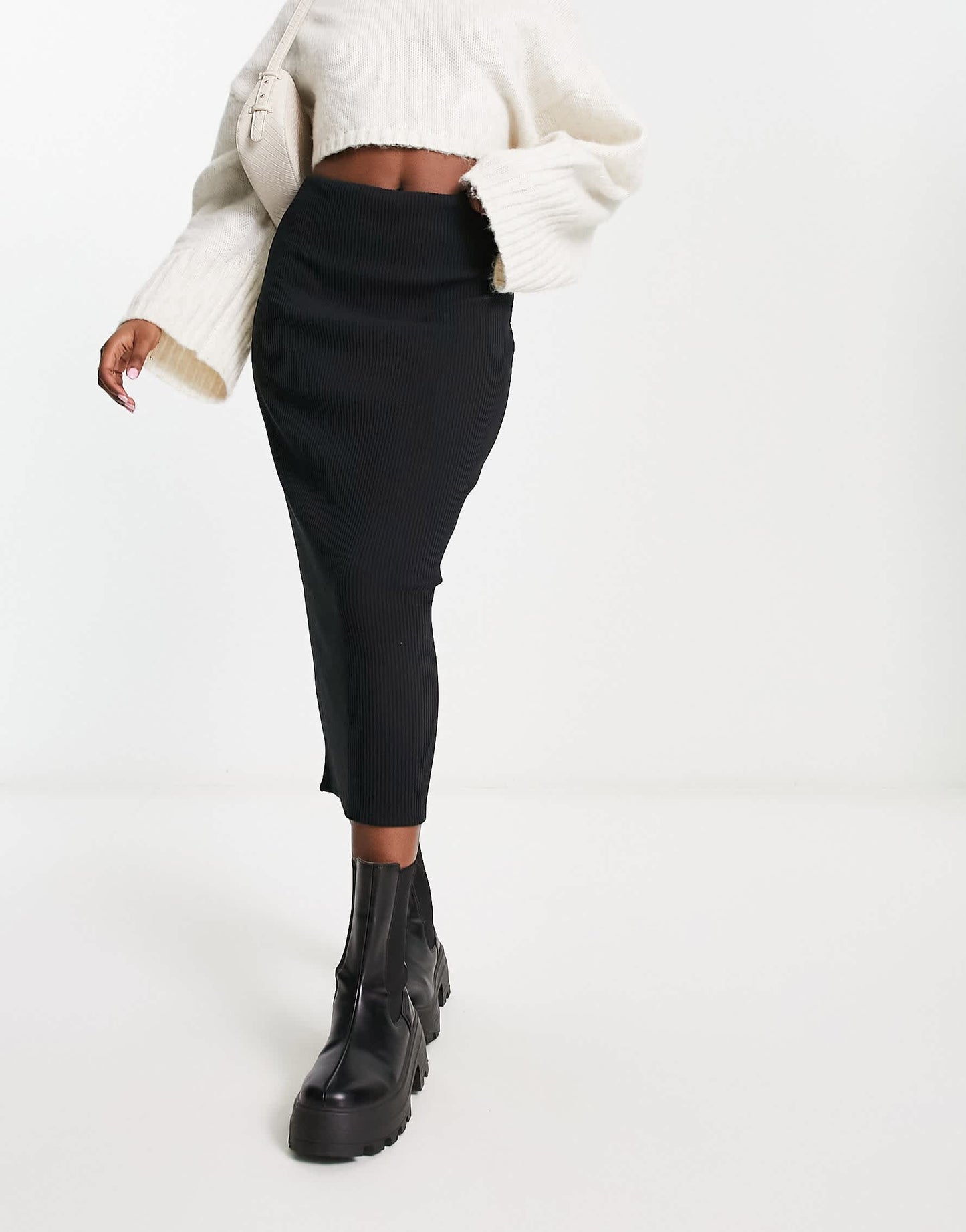 Pull&Bear ribbed midaxi skirt in black