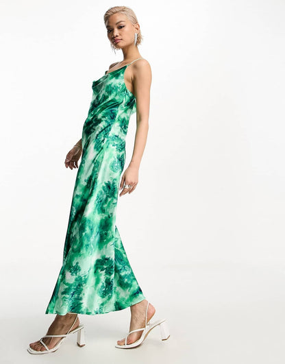 Object strappy midi dress in green abstract print