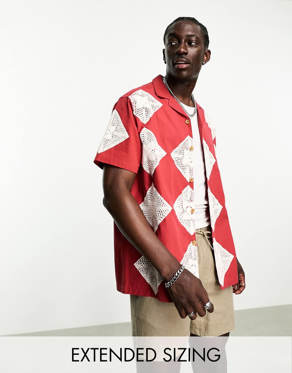 ASOS DESIGN relaxed revere crochet shirt in red