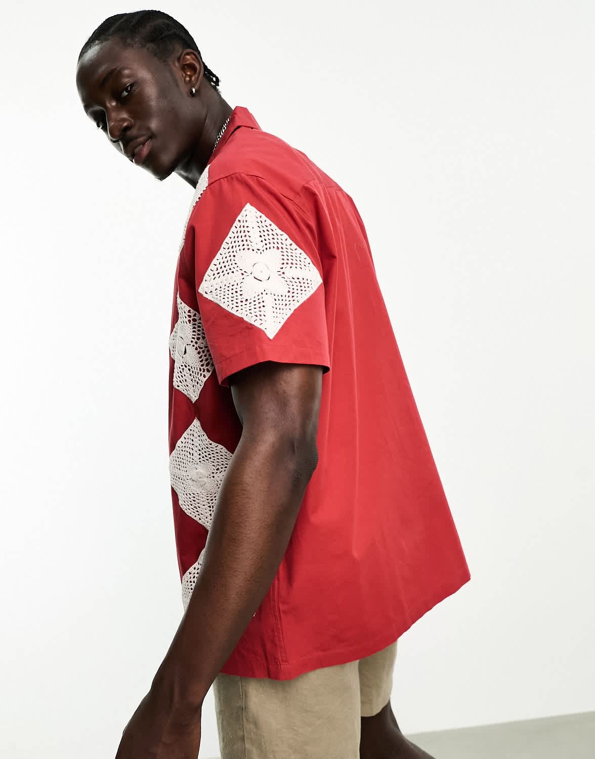 ASOS DESIGN relaxed revere crochet shirt in red