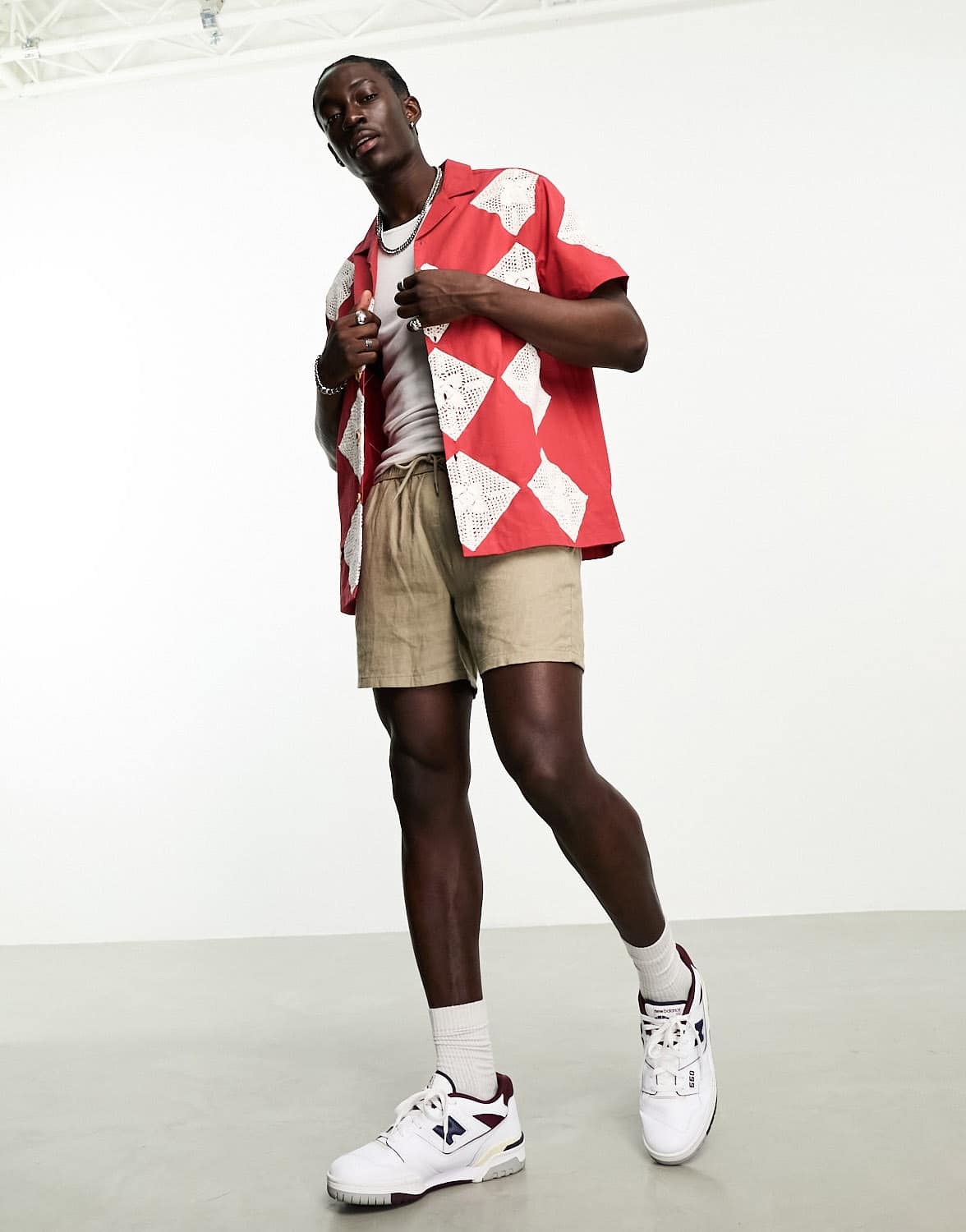 ASOS DESIGN relaxed revere crochet shirt in red