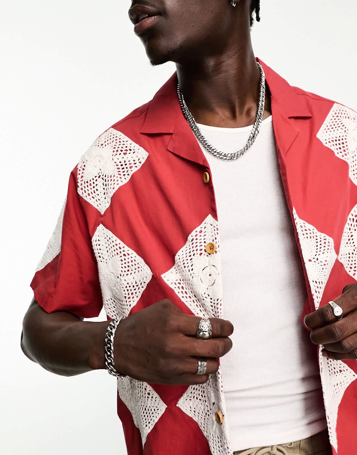 ASOS DESIGN relaxed revere crochet shirt in red