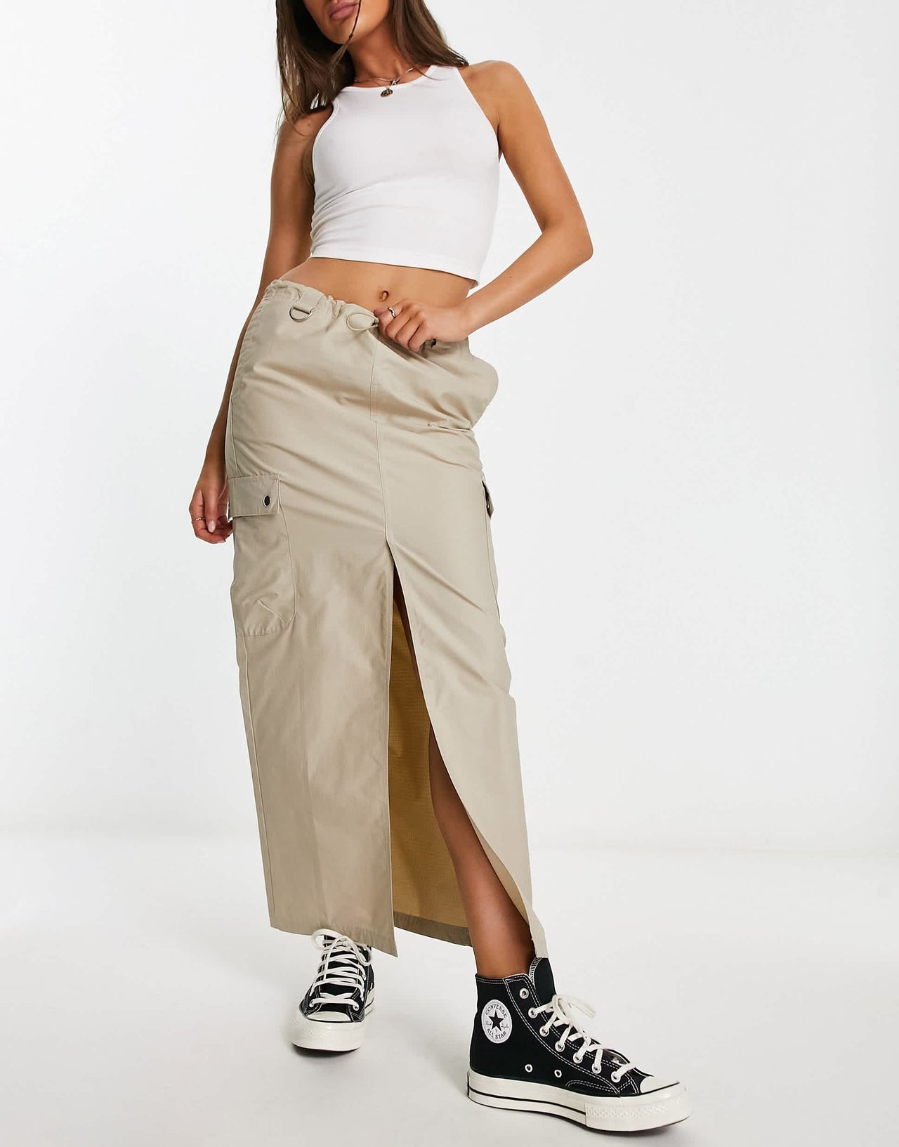 Stradivarius cargo maxi skirt in stone