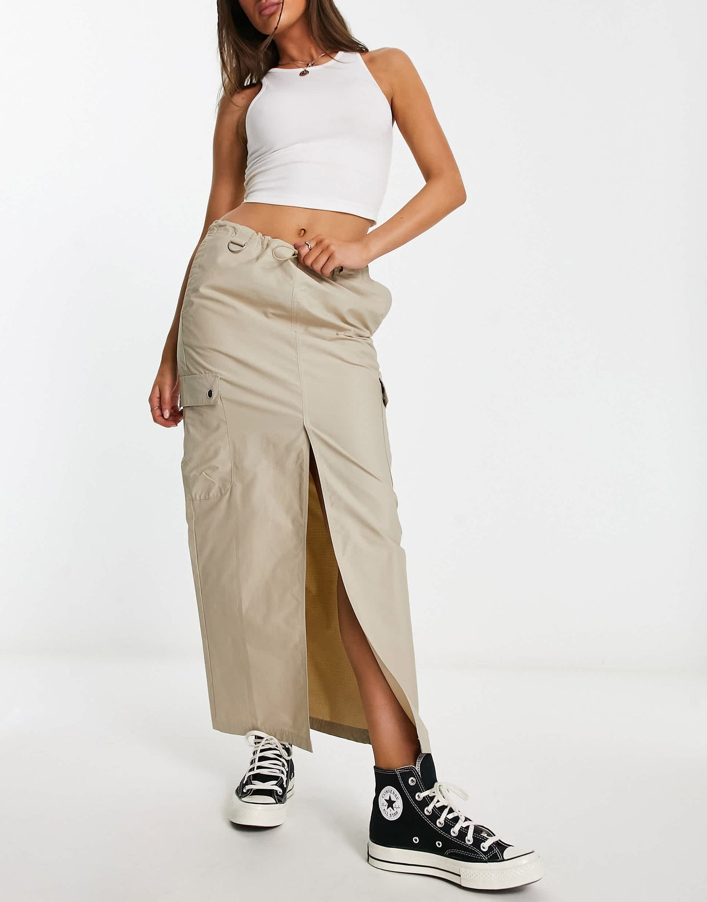 Stradivarius cargo maxi skirt in stone