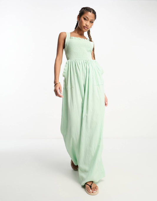 ASOS DESIGN shirred pinafore jumpsuit in sage