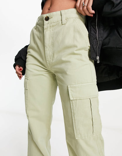 Stradivarius straight leg high waisted cargo trouser in light khaki