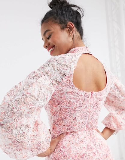 River Island lace volume sleeve mini dress in pink