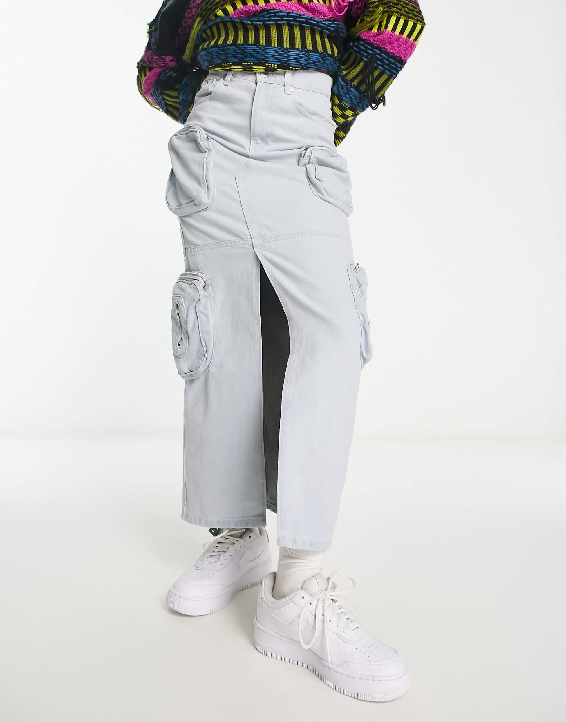 The Ragged Priest cargo maxi skirt in stone wash denim