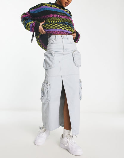 The Ragged Priest cargo maxi skirt in stone wash denim