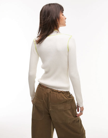 Topshop knitted fine gauge contrast trim long sleeve top in cream