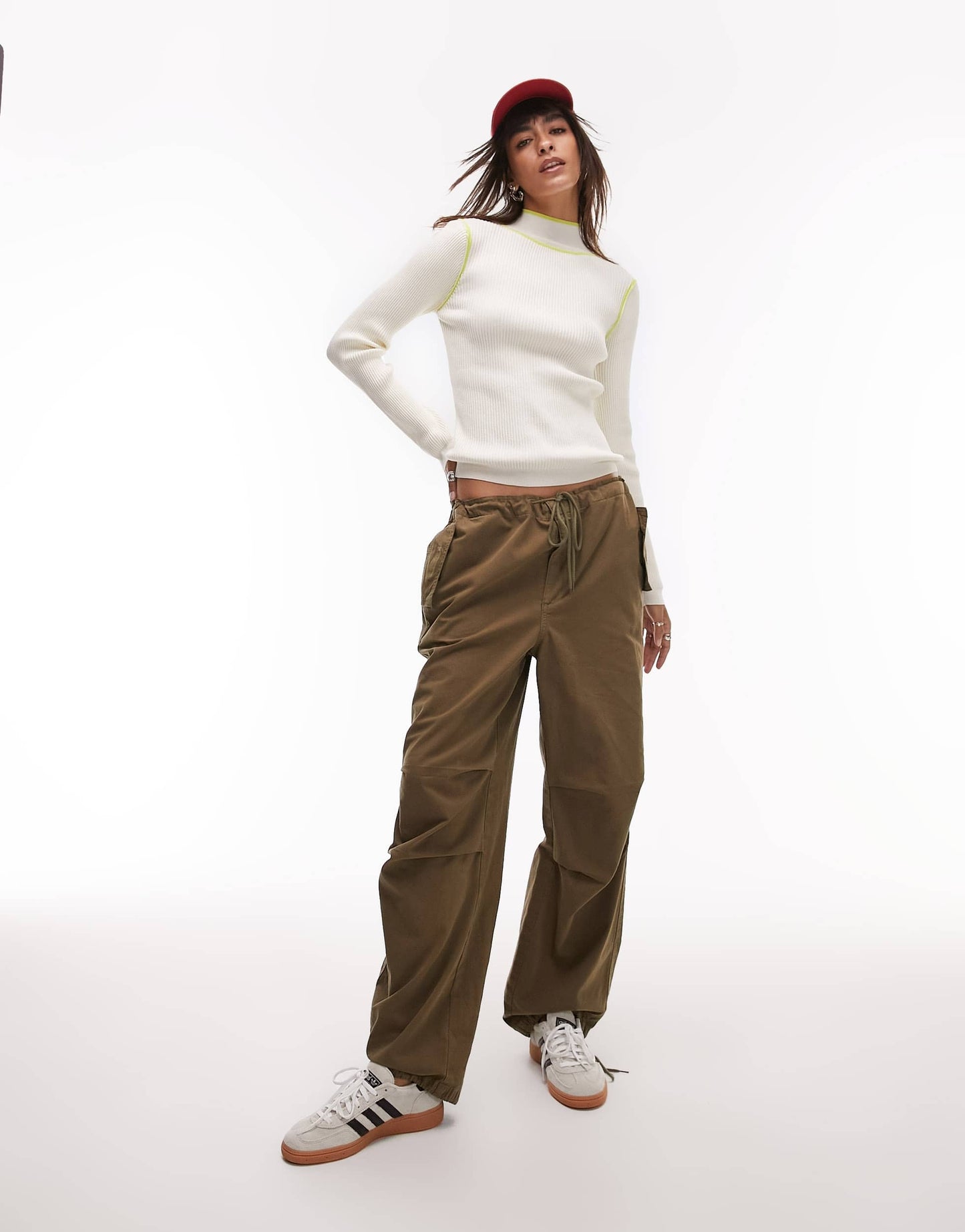 Topshop knitted fine gauge contrast trim long sleeve top in cream