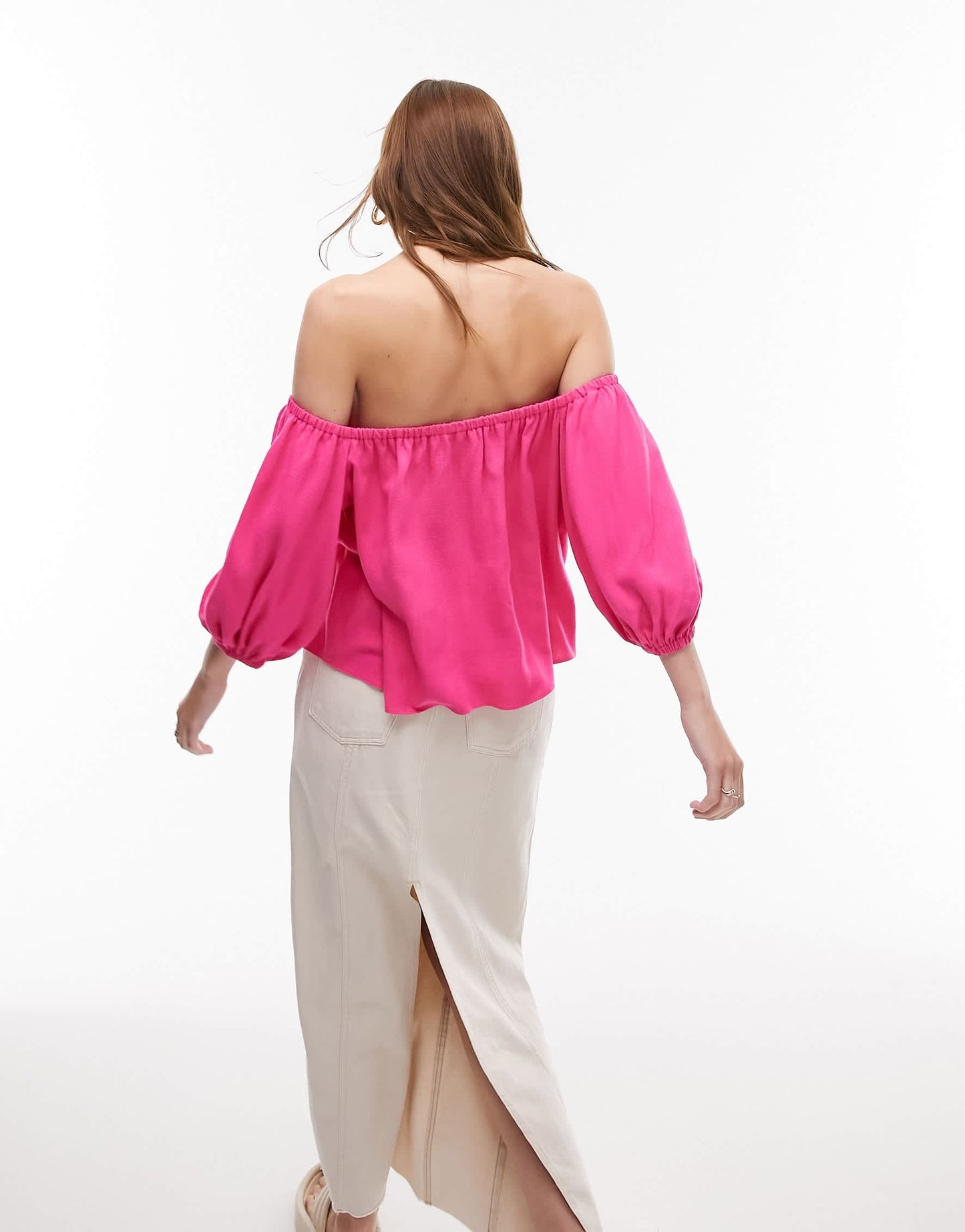Topshop linen mix bardot top in pink